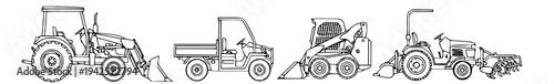 Detailed line art vector illustration set showcasing various heavy equipment vehicles used in construction, agriculture, and utility work, perfect for industrial design and farming projects