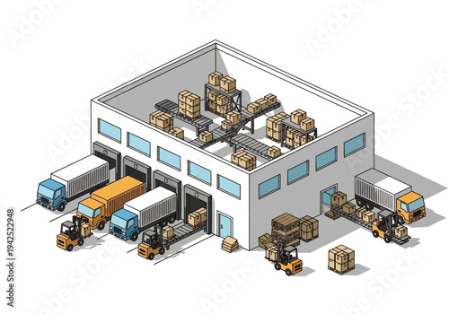 Isometric Illustration of a Busy Logistics Hub and Distribution Center with Trucks and Forklifts Managing Cargo and Supply Chain Operations