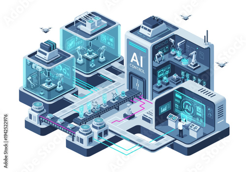 Futuristic smart factory concept featuring artificial intelligence, robotic manufacturing, and an automated conveyor system