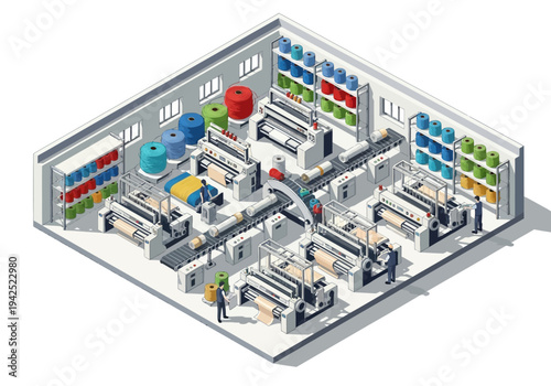 Textile Manufacturing Plant with Industrial Machinery and Colorful Yarn Spools