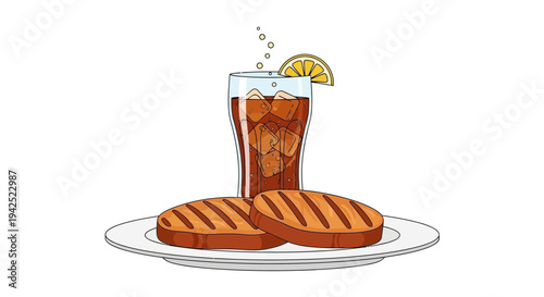 Delicious toasted bread with cold drink and lemon slice