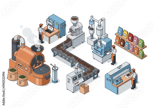 Isometric illustration of a modern coffee production factory, showcasing the entire process from bean roasting and grinding to packaging and distribution on shelves