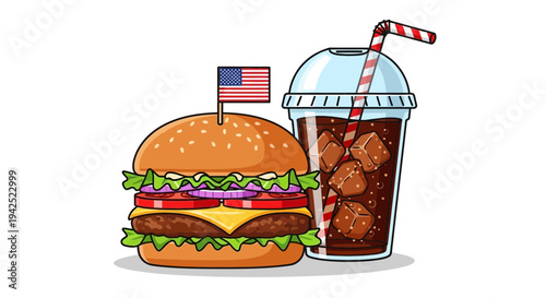 American style burger and soda for summer BBQ fun