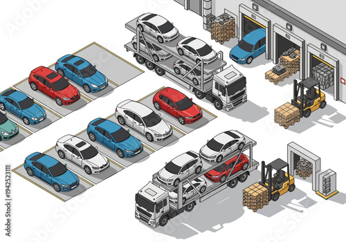 Dynamic isometric illustration depicting a bustling automotive logistics center with car carriers delivering new vehicles and busy warehouse operations