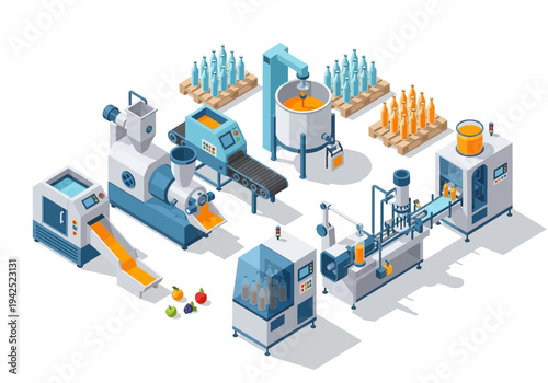 Automated industrial production line for fruit juice and beverage manufacturing isometric illustration
