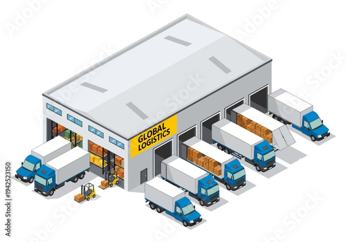 Isometric vector illustration of a global logistics warehouse Trucks loading cargo, efficient worldwide supply chain management