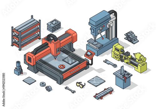 Industrial automation and workshop tools illustrated in a detailed isometric vector art collection