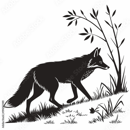 Vector black fox walking in grass illustration