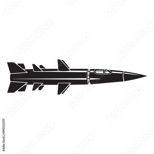 Black and white vector illustration of a modern military missile or rocket, designed for defense, aerospace, and technology-related projects.