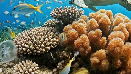 Green Sea Turtle and Jellyfish Swimming in Vibrant Coral Reef