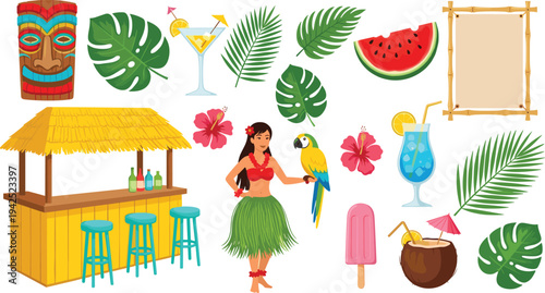 Tropical Hawaiian Summer Party Elements Set Featuring Hula Dancer, Tiki Mask, Beach Bar, Exotic Cocktails, Palm Leaves, Watermelon and Island Decorations