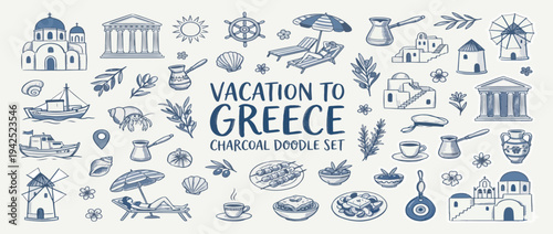 Greek summer vacation doodle charcoal style illustration set. Ink grunge hand drawn Greece coastal sea life, architecture, food, fishing boat. Sea weekend line art for invitations, cards, wedding.