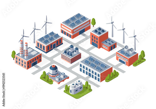 Isometric sustainable smart city concept. Urban development powered by green energy with solar panels and wind turbines