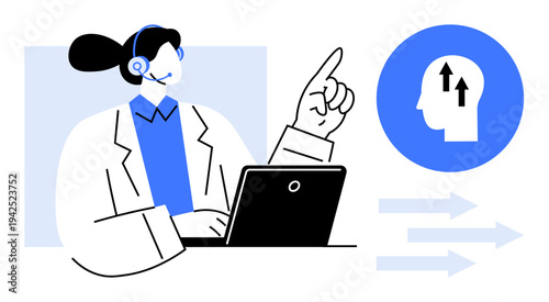 Communication concept. Customer support agent working on a laptop with communication symbols highlighting growth and effective dialogue. Communication for business, learning, teamwork, tech