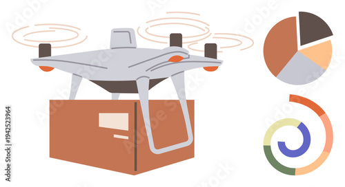 Logistics, quadcopter delivery, technology, data analysis, ecommerce, global shipping. Quadcopter carrying a package next to graphical charts. Logistics and drone delivery innovation concept