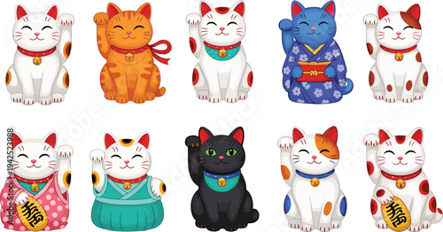 Maneki neko lucky cats collection, Japanese waving fortune cat figurines colorful vector illustration set