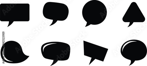 Set of black speech bubble silhouettes, various chat box shapes, talk cloud icons, communication vector elements, isolated on white