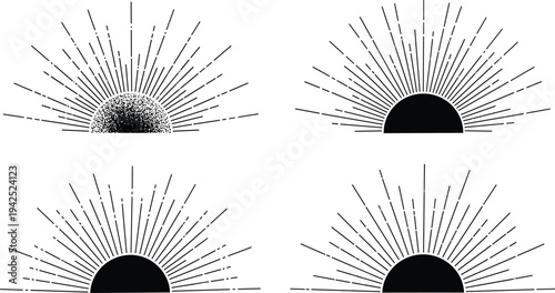 Set of black sunburst and rising sun silhouette vector icons with vintage rays for boho logos minimal branding and mystical designs