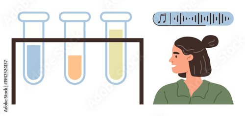 Science, sound analysis, data interpretation, research, education, communication. Test tubes in a rack with colored liquids beside a woman and an audio waveform. Science and sound analysis concept