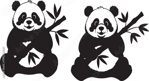 Cute panda bear holding bamboo shoots with cheerful expression