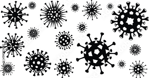 Set of black virus icons and bacteria silhouettes isolated on white background for medical research science education and healthcare infographics