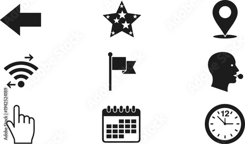 Set of black web and interface icons featuring back arrow star location pin wifi signal flag calendar clock and hand