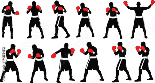 Set of boxer silhouettes with red gloves in various fighting stances and boxing poses isolated on white background for sports design
