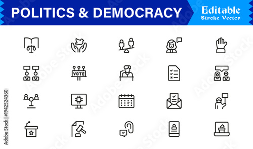 Politics And Democracy Line Icon Collection – Professional, Minimal, and Modern Vector Symbols for Voting, Government, Rights, Elections, and Law Concepts