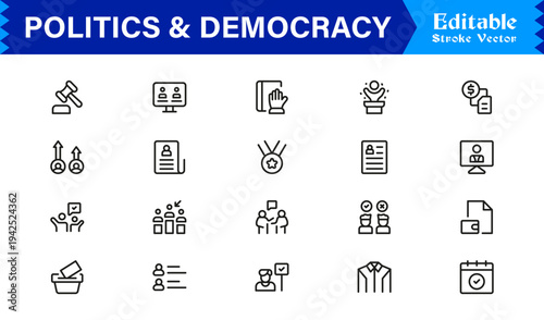 Politics And Democracy Line Icon Collection – Professional, Minimal, and Modern Vector Symbols for Voting, Government, Rights, Elections, and Law Concepts