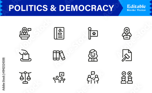 Politics And Democracy Line Icon Collection – Professional, Minimal, and Modern Vector Symbols for Voting, Government, Rights, Elections, and Law Concepts