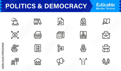 Politics And Democracy Line Icon Collection – Professional, Minimal, and Modern Vector Symbols for Voting, Government, Rights, Elections, and Law Concepts