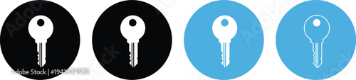 Set of circular house key icons in black and blue styles representing home security, access control, real estate, and locking.