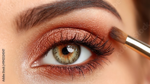 A skilled makeup artist precisely applies shimmery copper eyeshadow to a woman's beautifully made-up eyelid with a soft brush.