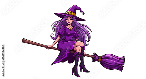 A cartoon witch sitting on a broomstick wearing purple