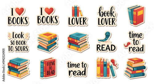 Book lover stickers with colorful book stacks and quotes