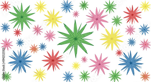 Set of colorful hand drawn starburst and explosion shapes in green, blue, pink, and yellow for festive celebratory design background.