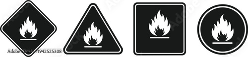 Black and white icons with flame silhouette, set in diamond, triangle, square, circle
