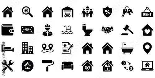 Collection of black and white icons related to real estate and construction