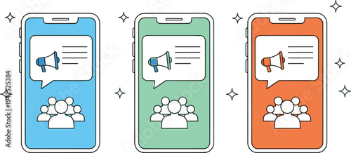 Set of colorful smartphone icons with megaphones and audience symbols for mobile marketing, social media announcements, and digital advertising concepts.
