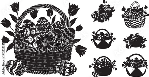 Easter basket with eggs and flowers illustration set black