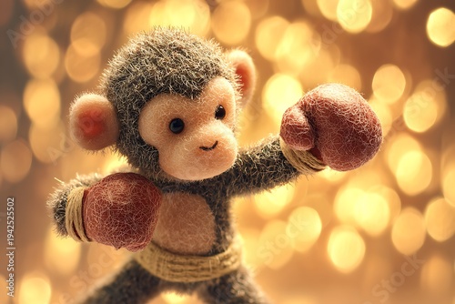 Monkey toy wearing boxing gloves ready to fight