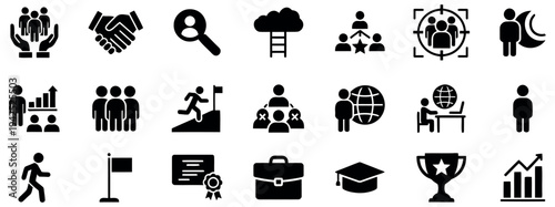 Collection of business and achievement icons in black and white