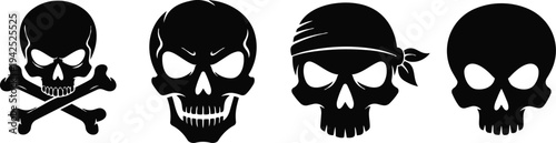 Black skull and crossbones silhouette icons, pirate and hazard signs on white