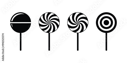 Lollipop icon set vector silhouette with colorful ball circle round swirl shapes, playful candy symbols with floral inspired patterns, sweet dessert icon collection in modern minimalist style suitable