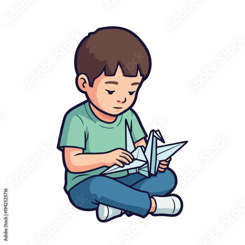 Boy making an origami paper plane with a focused expression