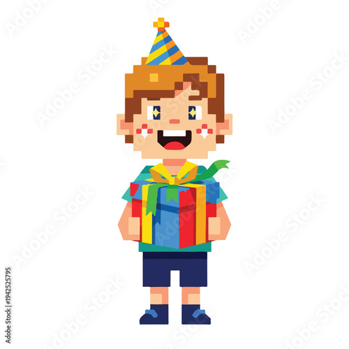 Pixel art boy holding gift on birthday