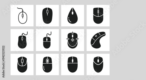 Set of computer mouse icons, wireless and wired gaming hardware silhouettes, vector electronic peripheral symbols