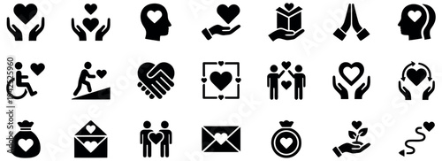 Collection of black and white love and relationship icons