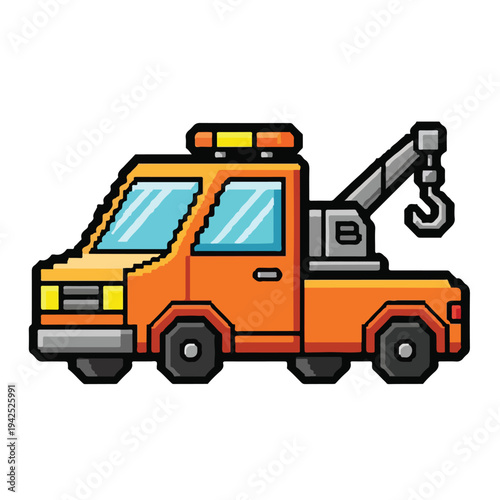 Pixel art illustration of orange tow truck with crane