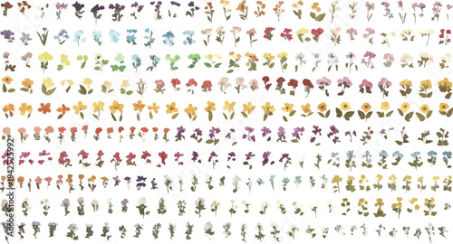 Large Set of 200 Flat Design Vector Flower Icons in Various Colors and Styles, Perfect for Spring, Nature, and Botanical Themed Projects